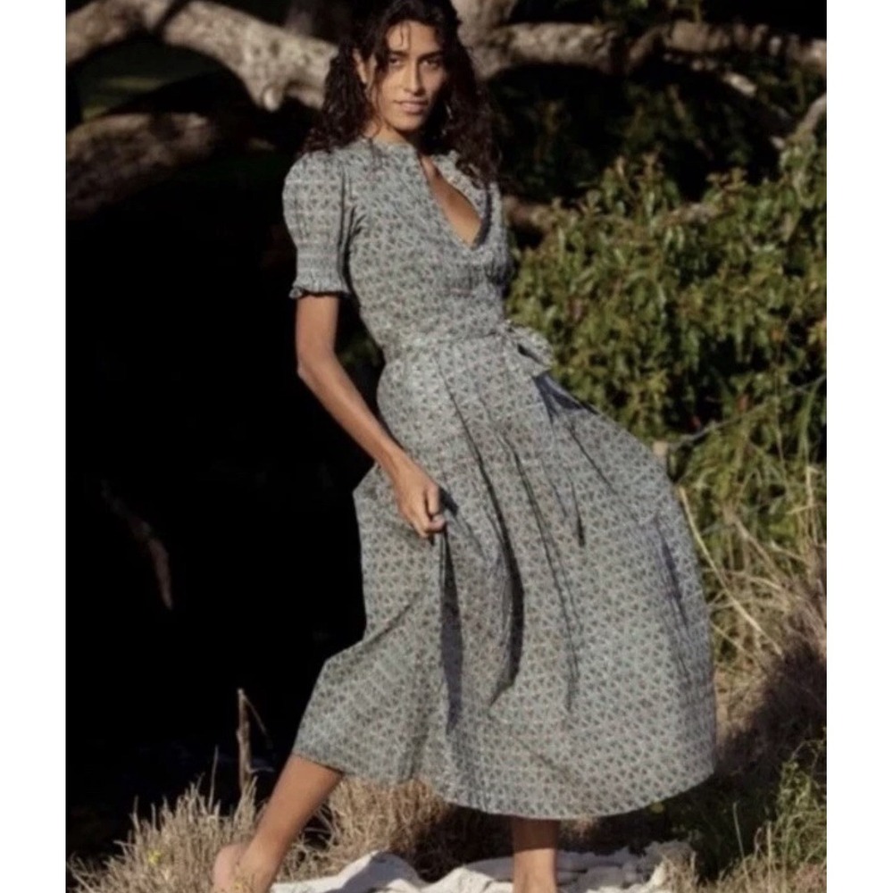 Daughter's of India Prairie‎ Midi in Sage Floral Cotton Blockprint Dress XS